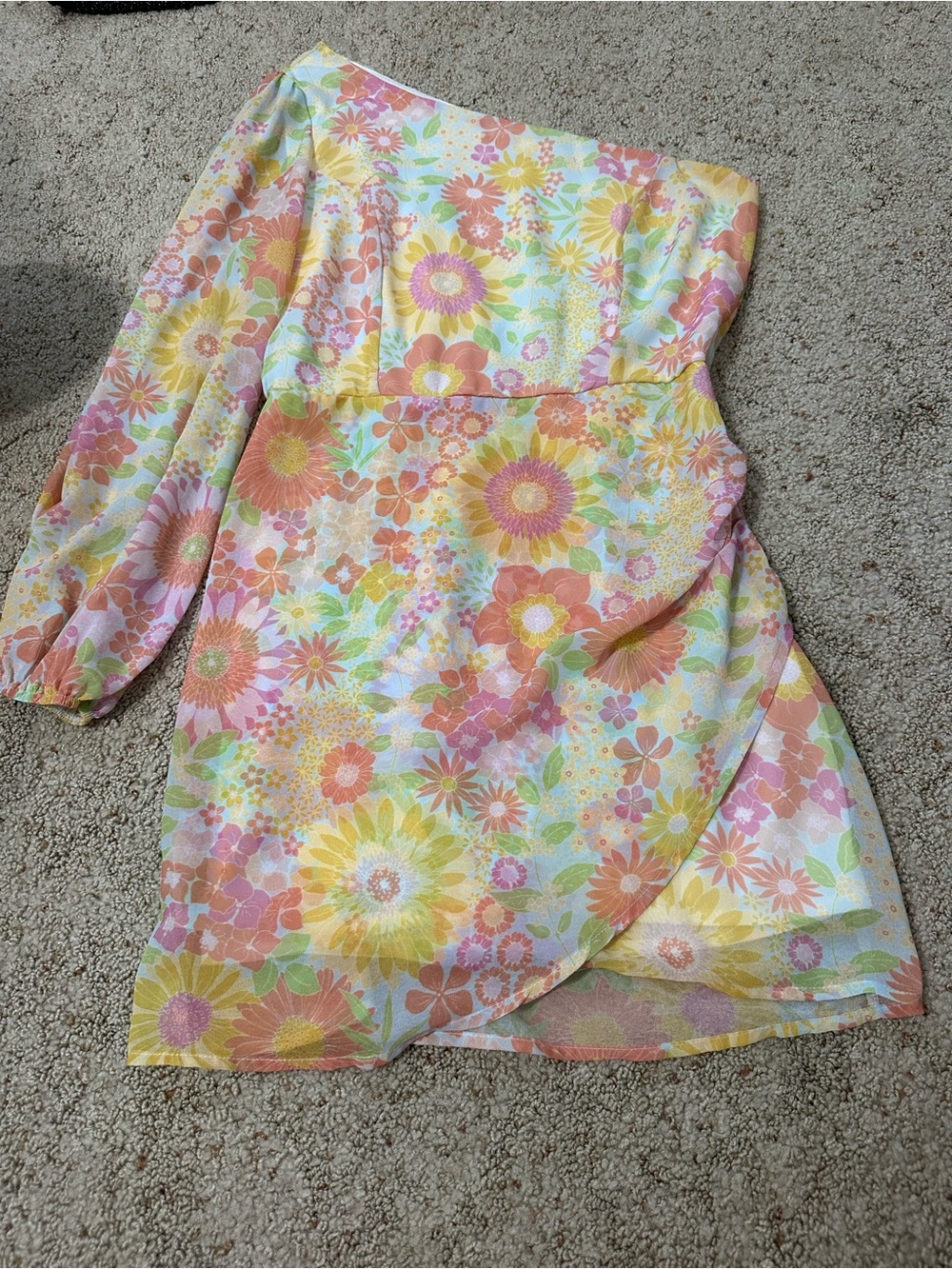 One-Shoulder Floral Mini Dress in Pastel Yellow & Pink